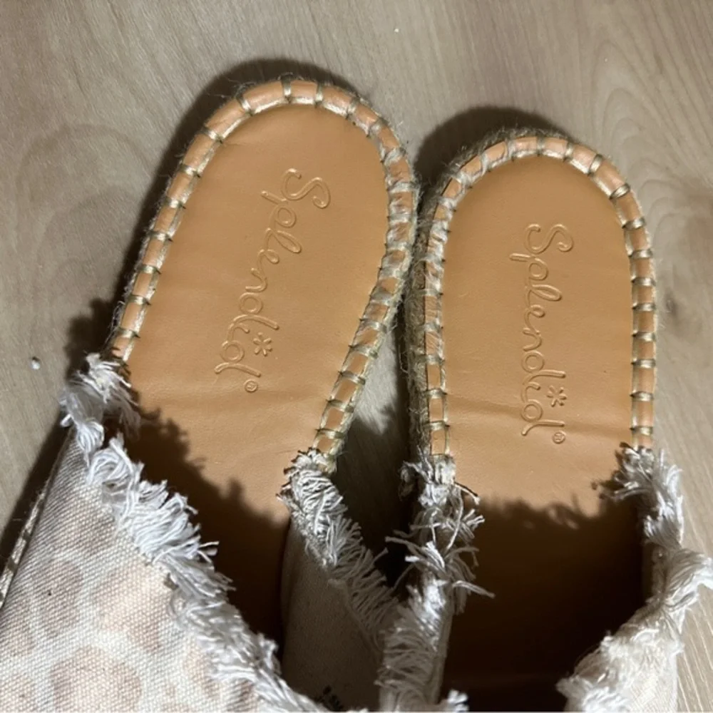 Splendid Jessica Leopard Espadrille Mules Womens 8.5 Tan Fringed Slides Shoes